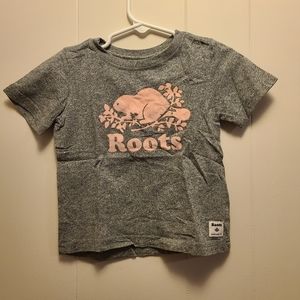 Roots grey tshirt with pink lettering, xl/18-24 months